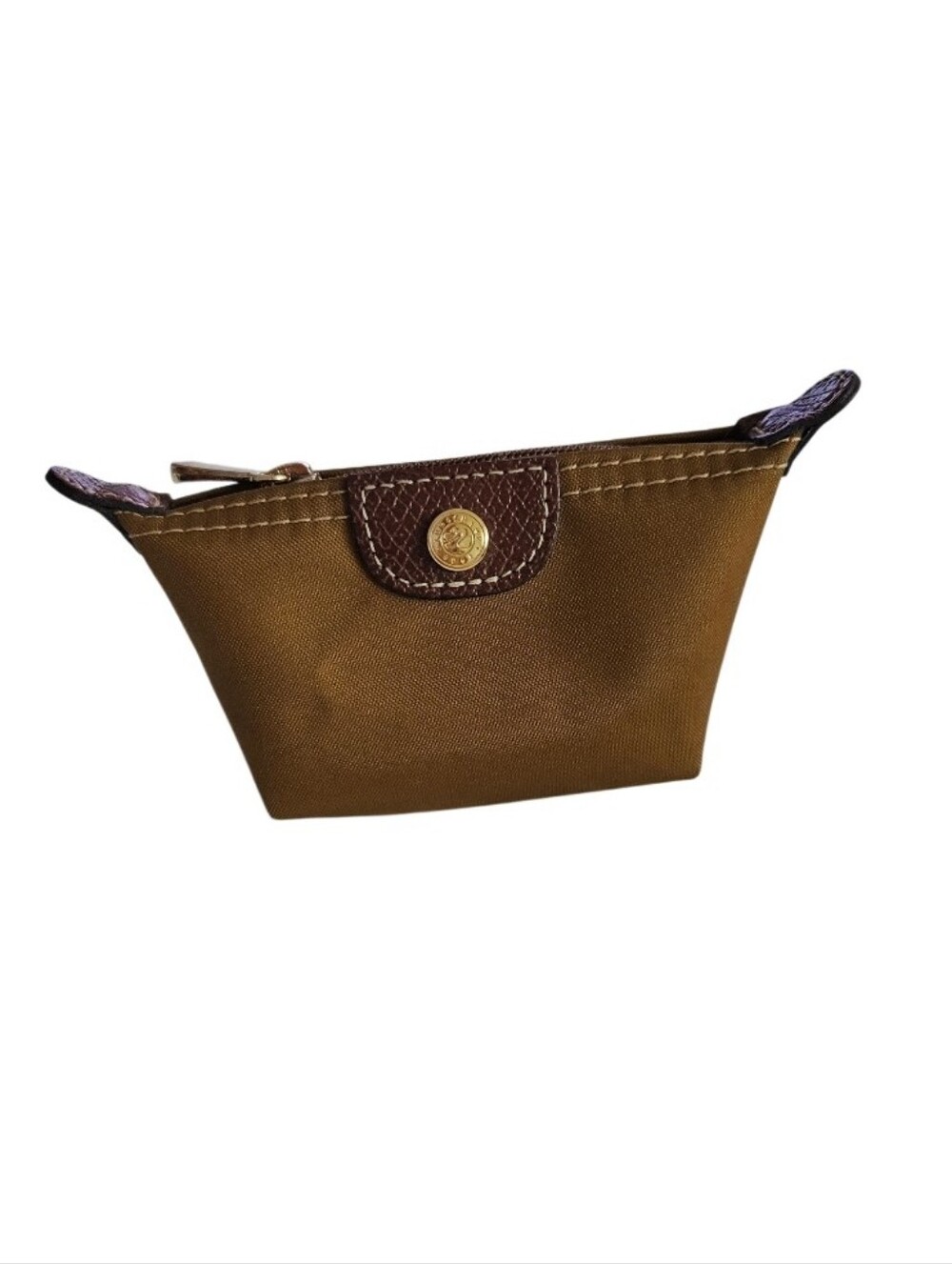 Longchamp Small Brown Canvas Coin Pouch with Gold Hardware